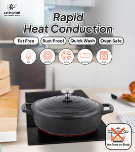 Casserole peu profonde en fonte avec couvercle, revêtement émaillé multicouche durable, distribution uniforme de la chaleur, compatible four et induction - Product Image 6