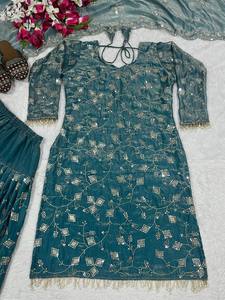 Costume Anarkali en soie turquoise pour femmes, tenue traditionnelle indienne et pakistanaise pour mariage, coupe ample, longueur au sol, pour adultes - Product Image 1
