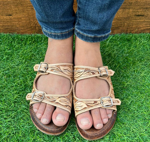 Sandales à bout ouvert en cuir véritable fait à la main véritable Western élégant outillé décontracté extérieur tongs plat fleur chaussures - Product Image 4