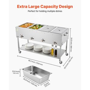 Table de maintien au chaud professionnelle en acier inoxydable à 4 bacs, à vapeur, au propane (GPL), pour extérieur, avec roues de 3 pouces et robinet de vidange, équipement de maintien au chaud et de conservation des soupes - Product Image 2