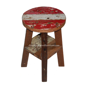 Sustainable Reclaimed Boat Wood Round Top <b>Stool</b> Leg with Square Wood Design Eco-Friendly Indoor Outdoor Bali Wood Furniture - Product Image 4