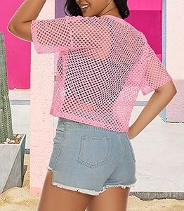 Camiseta de malla rosa de manga corta para mujer con tela transpirable personalizable para uso en exteriores y playa, camisas transparentes de malla de red. - Product Image 5
