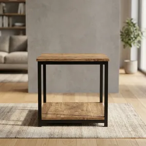 Mesa de Centro de Madera con Estructura de Hierro Negro y Estante Inferior de Almacenamiento, Mueble Rústico Industrial para Sala de Estar - Product Image 2
