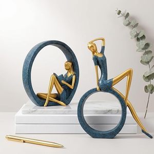 Escultura Abstracta de Mujer, Figura Decorativa con Círculos Dorados y Azules para Mesa - Product Image 1