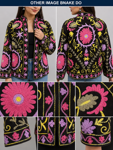 เสื้อแจ็คเก็ตคอปกแมนดารินกำมะหยี่สีดำพร้อมงานปักลายดอกไม้สีชมพูสีม่วงแขนยาวมีซิปปิดเสื้อแจ๊กเก็ตฤดูใบไม้ร่วงของผู้หญิง - Product Image 6