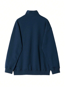 Men's <b>Navy</b> Blue Quarter Zip <b>Sweatshirt</b> Stand Collar Regular Fit Casual Solid Color French Terry Knitted Winter Wear - Product Image 2