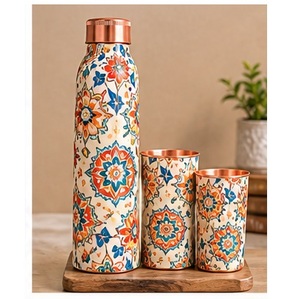 Handpainted Black Gold Floral <b>Copper</b> <b>Water</b> <b>Bottle</b> with 2 Matching Cups Double Wall Travel Drinkware Set - Product Image 5
