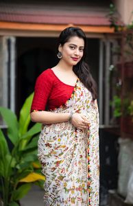 AARA Fashion Traditional Cotton <b>Saree</b> Digital Print Floral Pattern <b>Red</b> Blouse Women's Floor-Length Casual Wear India Pakistan - Product Image 2