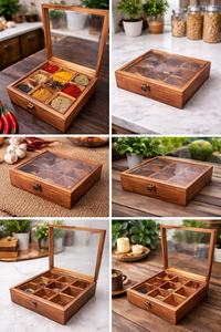 Wooden <b>Spice</b> Box Organizer, Masala Box 9 Compartment, Handmade Sheesham Wood <b>Spice</b> <b>Storage</b>, Indian Kitchen Organizer - Product Image 5