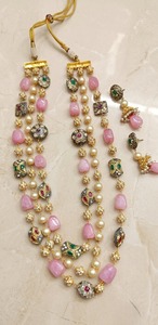 Gold Plated Ethnic Jewelry <b>Set</b> With <b>Pearl</b> And Pink Gemstone <b>Necklace</b> Earrings For Women Wedding Style - Product Image 2