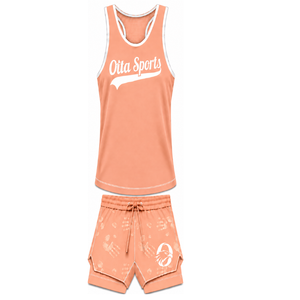 <b>Peach</b> White Swim Set Sleeveless Racerback Tank <b>Top</b> with Matching Shorts Lightweight Quick Dry Training Performance - Product Image 1