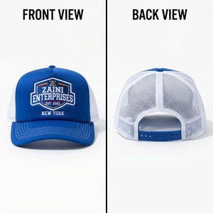<b>Men</b> Trucker Cap Premium 180 GSM Polyester Twill White Mesh Blue Front Embroidered Patch Logo Snapback Adjustable Pro Sports <b>Hat</b> - Product Image 1