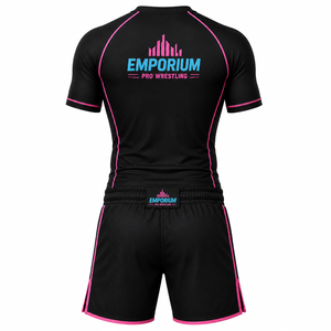 Ensemble short et rashguard de boxe ajustés, noir et rose, imprimé par sublimation, séchage rapide, Spandex/Polyester, unisexe, vêtements de sport pour adultes - Product Image 3