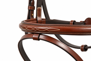 Brida para Caballo de Cuero Genuino con Frenteal Acolchado, Cosería Decorativa Blanca, Correa para la Nariz y Hebillas de Latón para Equitación - Product Image 3