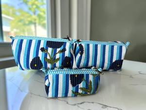 Ensemble de trousses de maquillage à rayures bleues faites à la main, 3 pièces, trousses de toilette en coton matelassé pour femmes, organiseur de beauté de voyage, ensemble cadeau - Product Image 6