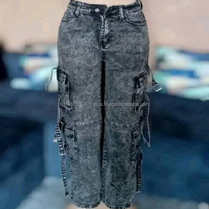 กางเกงยีนส์ทรงปาลาซโซ่ขาบานหลวมสไตล์สตรีทแวร์สำหรับผู้หญิงแบรนด์ดัง ผ้ายืดสแปนเด็กซ์ มี 6-8 กระเป๋า รุ่น 01 10000 ชิ้น - Product Image 3