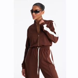 Ensemble de survêtement écologique marron pour femme, veste à manches longues avec demi-fermeture éclair, pantalon à cordon de serrage, couleur unie, vêtements de sport décontractés, vêtements d'hiver - Product Image 2