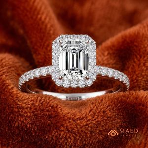 Moissanite Halo <b>Emerald</b> Cut <b>Ring</b> for Women <b>Silver</b> Tone Engagement Wedding Anniversary Luxury Jewelry Elegant Daily Wear - Product Image 4