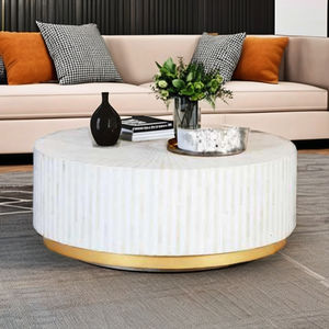 Table basse ronde rétro antique avec un design minimaliste intemporel Charme classique en incrustation d'os pour le salon Style vintage - Product Image 4