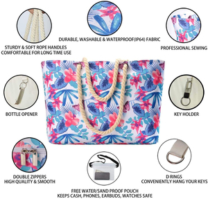 Tropical Floral Print <b>Canvas</b> Beach <b>Bag</b> Women <b>Large</b> Capacity Rope Handle Summer Holiday Tote <b>Bag</b> Custom Logo Shoulder <b>Bag</b> - Product Image 3