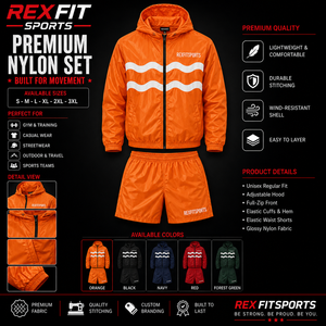 REXFIT SPORTS 2026 Ensemble veste à capuche et short unisexe en nylon orange personnalisé, coupe-vent léger, vêtements de sport, marque privée - Product Image 1