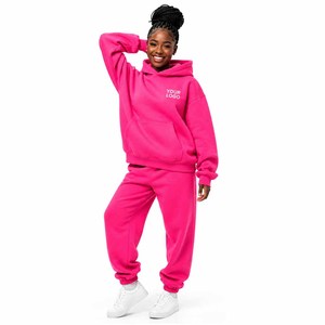 Conjunto de Sudadera con Capucha y Pantalones Deportivos de Felpa de Algodón Rosa de 420 g/m², con Estampado Puff y Hombros Caídos, para Mujer, Personalizado y Cómodo - Product Image 1