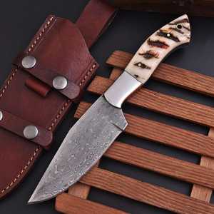 Couteau de chasse à pointe fixe en acier inoxydable forgé à la main, lame droite tranchante, manche en forme de cône de pin, étui en cuir, personnalisable OEM - Product Image 6