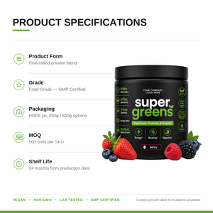 Poudre de Super Aliments Verts Végétaliens Faible en Sucre Saveur Baies Premium pour Adultes – Marque Privée, Formule Personnalisée OEM, Fournisseur en Gros pour l'Exportation - Product Image 3