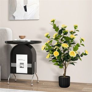 2 Pezzi Albero di Camelia Artificiale in Plastica da 38 Pollici con Vaso in Cemento Giallo per Matrimoni, Natale e Capodanno - Product Image 4