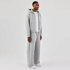 New Arrival Custom Grey Boxy Hoodie & Wide Leg <b>Trouser</b> Embroidery High Quality Cotton Heavyweight Winter Sweatsuit Men Tracksuit - Product Image 2