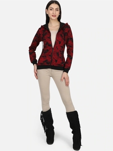 Sudadera con Capucha y Cremallera para Mujer, Estampado Floral Rojo, Corte Regular, Tejido de Poliéster, Estilo Otoñal - Product Image 1