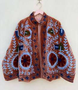 Prairie Style Women's Velvet Quilted Blouson Jacket Hand Embroidered Floral Mandarin Collar Full Sleeve Winter <b>Coat</b> - Product Image 1