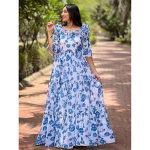 Vestido largo floral azul para mujer, vestido informal de verano con hombros descubiertos y volantes, vestido de fiesta - Product Image 1