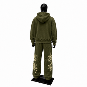 Chándal con Capucha para Hombre, Color Oliva, Manga Larga, Patrón de Estrellas Bordadas, Corte Holgado, Estilo Urbano, para Otoño, con Cierre de Cordón - Product Image 2