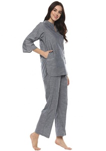 Atractivo traje de noche gris sólido cómodo para dormir tela de algodón puro suave mantecoso tejido de cintura Natural ecológico - Product Image 3