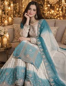 ชุดสัลวาร์ คามีซ ปักลายสีน้ำเงินขาวสำหรับผู้หญิง เสื้อคลุมยาวพร้อมผ้าคลุมไหล่ แบบดั้งเดิมของอินเดียและปากีสถาน เหมาะสำหรับงานแต่งงาน งานเลี้ยง งานรับปริญญา ไซส์ XL - Product Image 4