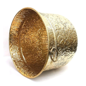 Ornate Antique Gold Handcrafted <b>Metal</b> Beverage <b>Tub</b> Decorated With Intricate Embossed Floral Engravings And Ring Side Handles - Product Image 4