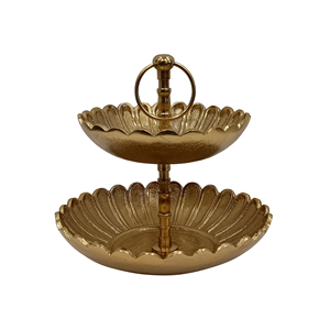 Support à gâteau à 2 niveaux en métal doré, plateau à dessert en aluminium moulé avec bol festonné et poignée annulaire - Product Image 1