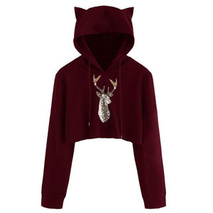 Sudadera con capucha corta con orejas de gato y estampado de ciervo con pedrería, corte regular, unisex, informal, de invierno, de punto. - Product Image 1