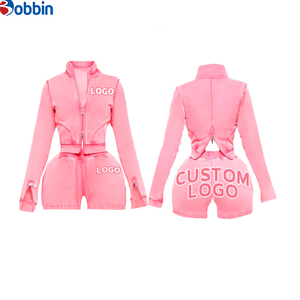 Conjunto de 2 Piezas para Mujer, Top Corto con Cierre Frontal y Trasero, Cuello Alto, Estilo Vintage, Lavado Ácido, con Logotipo Personalizado, Pantalones Cortos, Superventas - Product Image 1