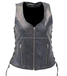 Chaleco de Motociclista para Mujer, Marca Rao Crafts, de Cuero Genuino, Cuello en V, Sin Mangas, con Cordones Laterales, Cierre de Cremallera, Color Sólido, Estilo Biker, Ecológico - Product Image 4