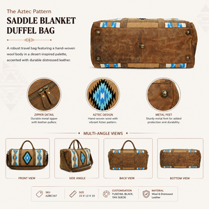 Sac de voyage en cuir avec motif aztèque, sac de voyage en cuir |   Sac de week-end de style occidental fait main |   OEM Export Inde 2026 Pro - Product Image 3