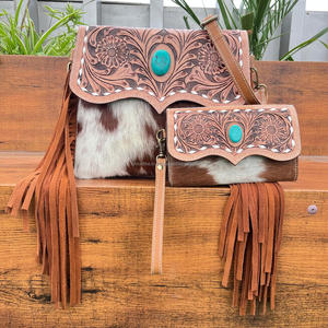Fashion Elegant Hand Tooled Cowhide Leather Women's Crossbody Bags & Wristlet Clutch High Quality 2 Piece Combo Set for Women's - Product Image 4
