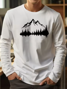 เสื้อเชิ้ตแขนยาวผู้ชายสีน้ำเงินกรมท่า ผ้าฝ้ายลำลอง พิมพ์ลายภูเขาสีขาวด้านหน้า ระบายอากาศได้ดี คอกลม ผ้าถัก ใส่ได้ในฤดูใบไม้ผลิ - Product Image 2