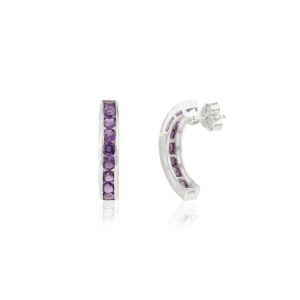 Natural Round Cut Amethyst Gemstone <b>Solid</b> 925 Sterling <b>Silver</b> C Shape <b>Hoop</b> <b>Earrings</b> For Women's Party Wear Jewelry - Product Image 5