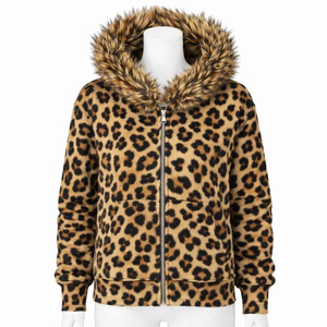 OEM Stylish <b>Leopard</b> <b>Print</b> Zip Up <b>Hoodie</b> With Fur Collar Custom Men Zip Up <b>Hoodie</b> Unisex Heavyweight Fleece Streetwear Hoodies - Product Image 4