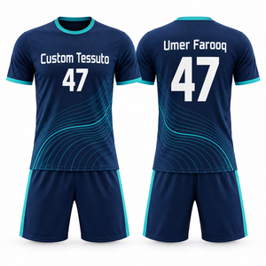 ชุดฟุตบอล TESSUTO Navy Teal Wave Line ผ้าสแปนเด็กซ์ โพลีเอสเตอร์ เสื้อเจอร์ซีย์ กางเกงขาสั้น คอวี ปักชื่อและหมายเลขได้ ใช้ได้ทุกฤดูกาล - Product Image 1