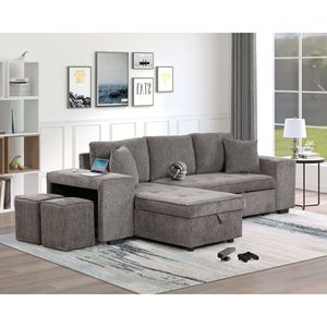 104.5 Modern L-Shaped 3-Seater Reversible Sectional Couch Pull-Out <b>Sleeper</b> <b>Sofa</b> with Storage Chaise 2 Stools for Living Room - Product Image 1