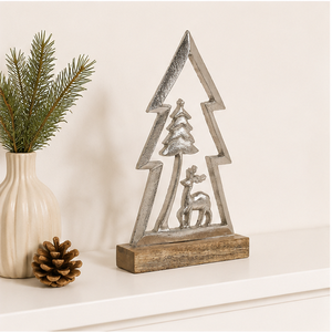 Elegant Silver Aluminum Mini Christmas <b>Tree</b> Statue Featuring Woodland Reindeer Scene On Sturdy Wood Base For Festive Mantel - Product Image 4