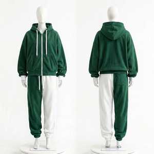 Ensemble de survêtement unisexe réversible à capuche, vert et blanc, couleur unie, longueur intégrale, en coton, décontracté, fermeture éclair, coupe ample, automne - Product Image 1